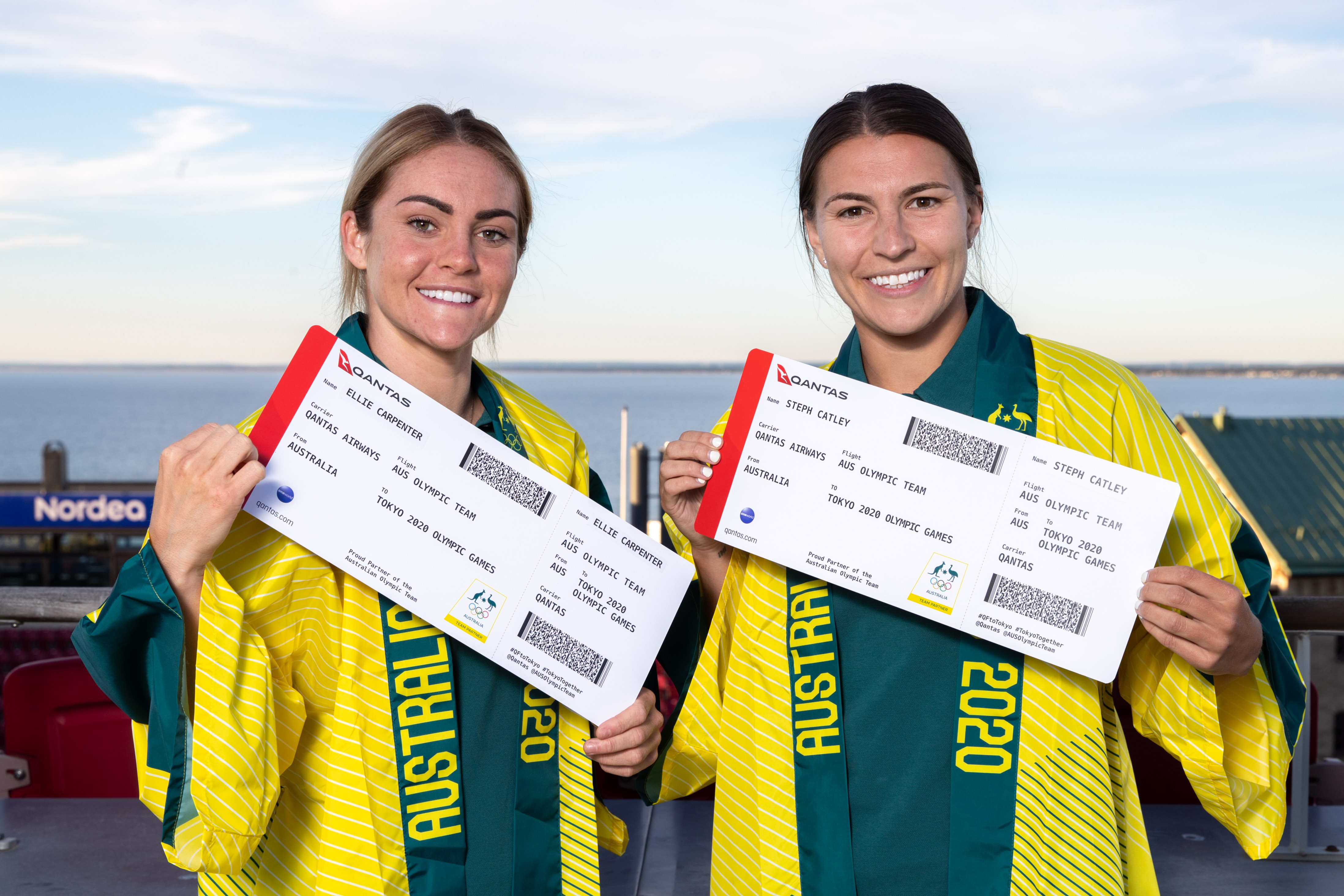 Ellie Carpenter and Steph Catley with their Tokyo 2020 Olympic Qantas boarding passes Ellie Carpenter and Steph Catley with their Tokyo 2020 Olympic Qantas boarding passes