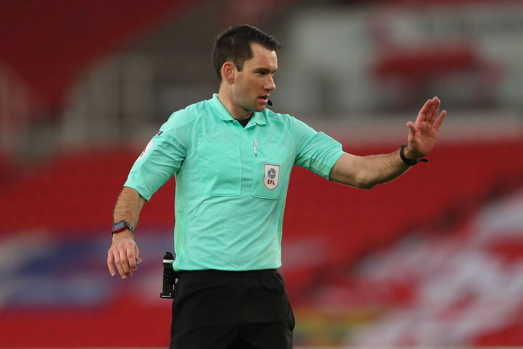 Match referee Jarred Gillett during the Sky Bet Championship match between Stoke City and Huddersfield Town at Bet365 Stadium on November 21, 2020 Match referee Jarred Gillett during the Sky Bet Championship match between Stoke City and Huddersfield Town at Bet365 Stadium on November 21, 2020