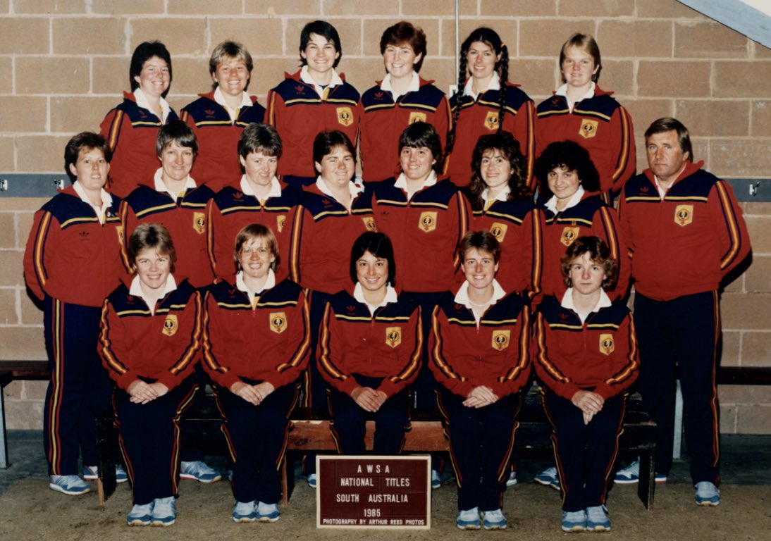 Karen Harris (seated far right) at her debut tournament for Football South Australia in 1985 Karen Harris (seated far right) at her debut tournament for Football South Australia in 1985