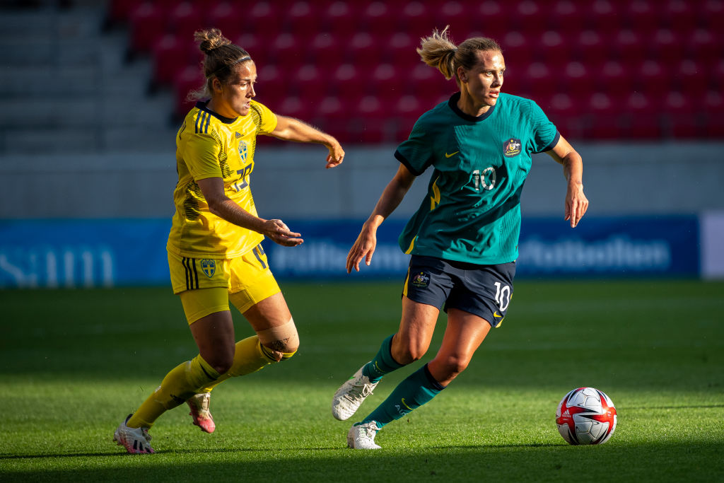 Filippa Angeldahl of Sweden and Emily van Egmond of Australia during the Women's International Friendly match between Sweden and Australia at Guldfageln Arena on June 15, 2021 in Kalmar, Sweden. (Photo by David Lidstrom/Getty Images) Filippa Angeldahl of Sweden and Emily van Egmond of Australia during the Women's International Friendly match between Sweden and Australia at Guldfageln Arena on June 15, 2021 in Kalmar, Sweden. (Photo by David Lidstrom/Getty Images)
