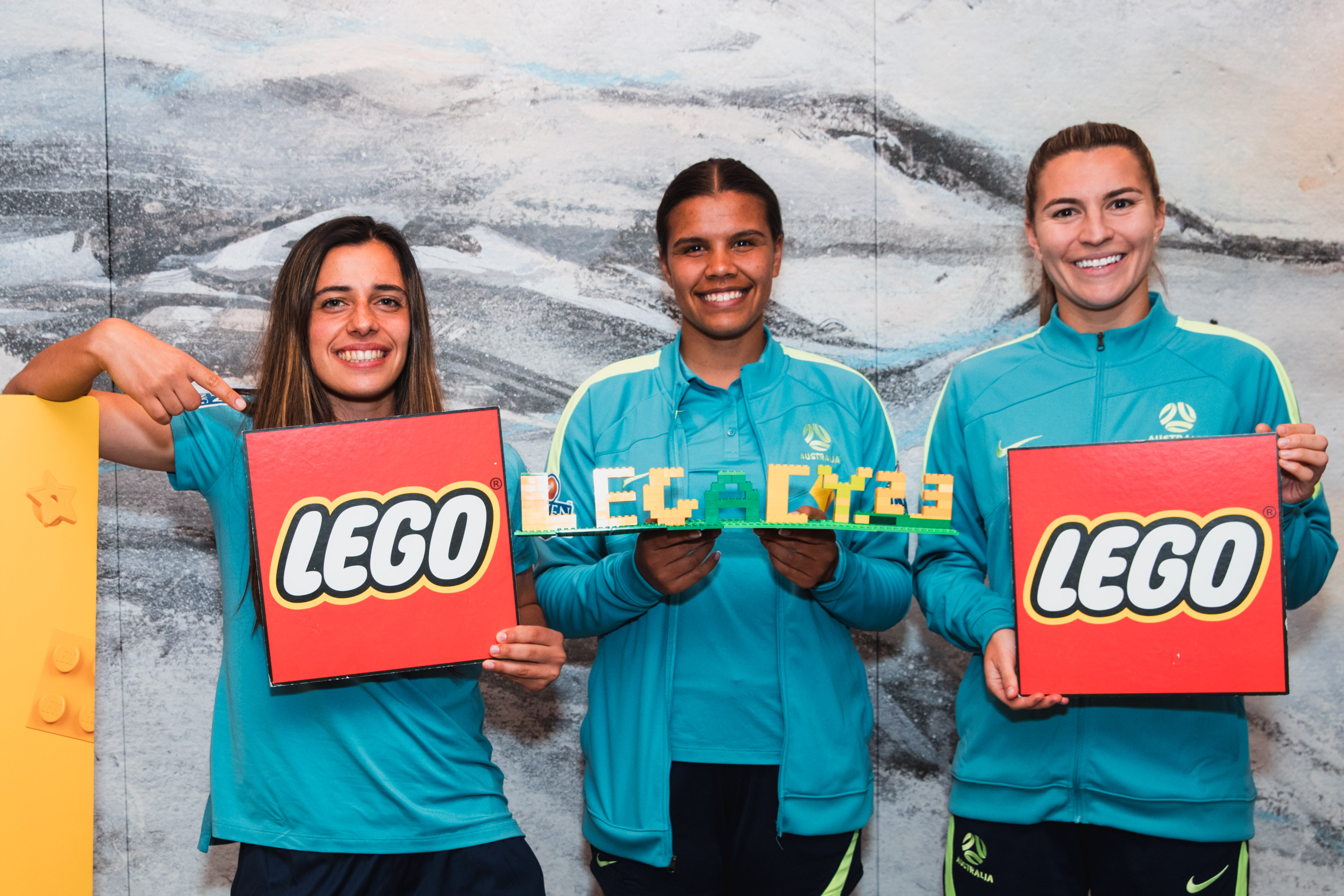 Alex Chidiac, Jada Whyman & Steph Catley posing with Lego following the new partnership. Alex Chidiac, Jada Whyman & Steph Catley posing with Lego following the new partnership.