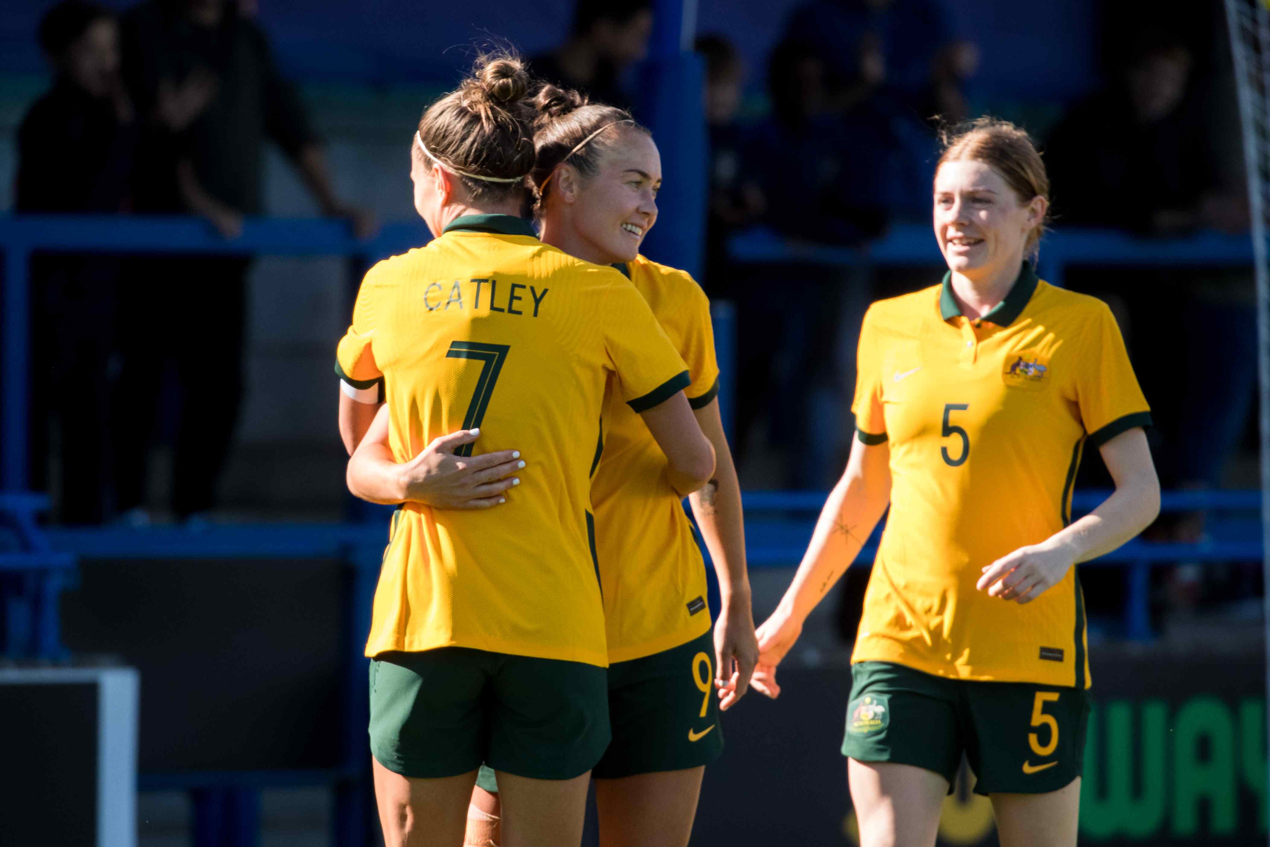 Australia celebrating a goal against South Africa in London. (Photo: Ann Odong/Football Australia) Australia celebrating a goal against South Africa in London. (Photo: Ann Odong/Football Australia)
