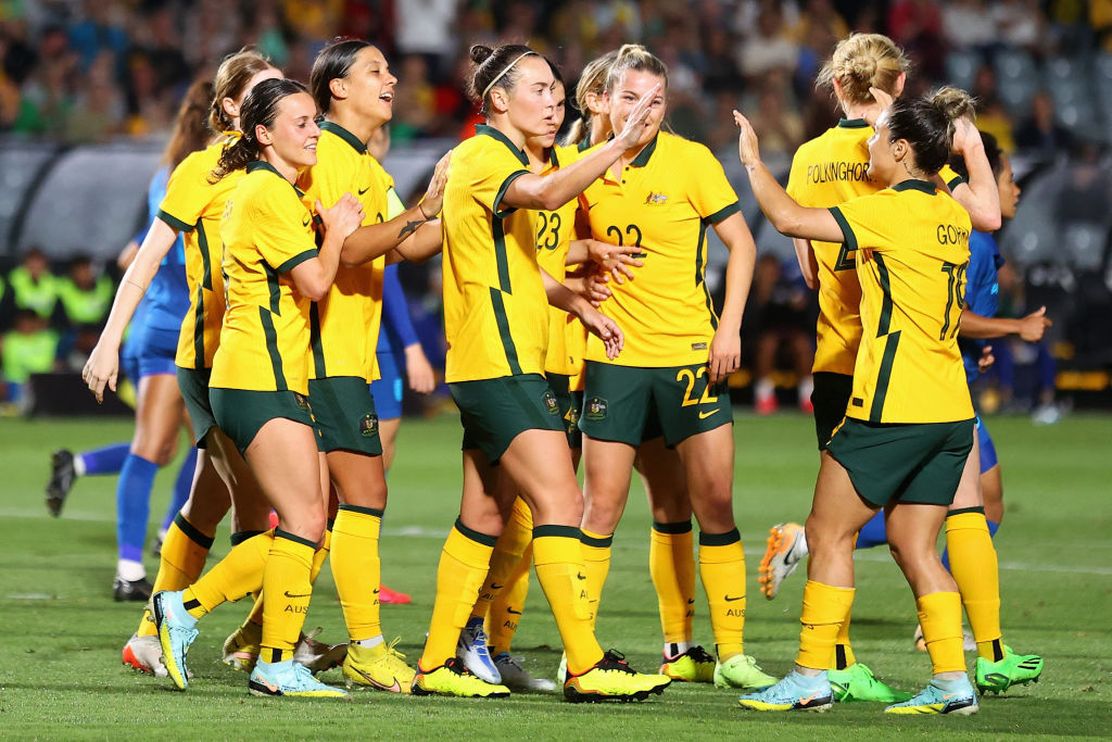 Sam Kerr of the Matildas celebrates with team mates after scoring a goal during the International Friendly match between the Australia Matildas and Thailand at Central Coast Stadium on November 15, 2022 in Gosford, Australia. (Photo by Cameron Spencer/Get Sam Kerr of the Matildas celebrates with team mates after scoring a goal during the International Friendly match between the Australia Matildas and Thailand at Central Coast Stadium on November 15, 2022 in Gosford, Australia. (Photo by Cameron Spencer/Getty Images)