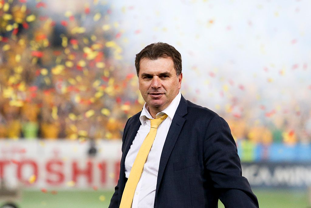 Head coach of the Australian football team, Ange Postecoglou celebrates after the 2015 Asian Cup Final between Australia Vs South Korea in the 2015 AFC Asian Cup match at the Stadium Australia on January 31 2015 in Sydney. (Photo by Asanka Brendon Ratnaya Head coach of the Australian football team, Ange Postecoglou celebrates after the 2015 Asian Cup Final between Australia Vs South Korea in the 2015 AFC Asian Cup match at the Stadium Australia on January 31 2015 in Sydney. (Photo by Asanka Brendon Ratnayake/Anadolu Agency/Getty Images)