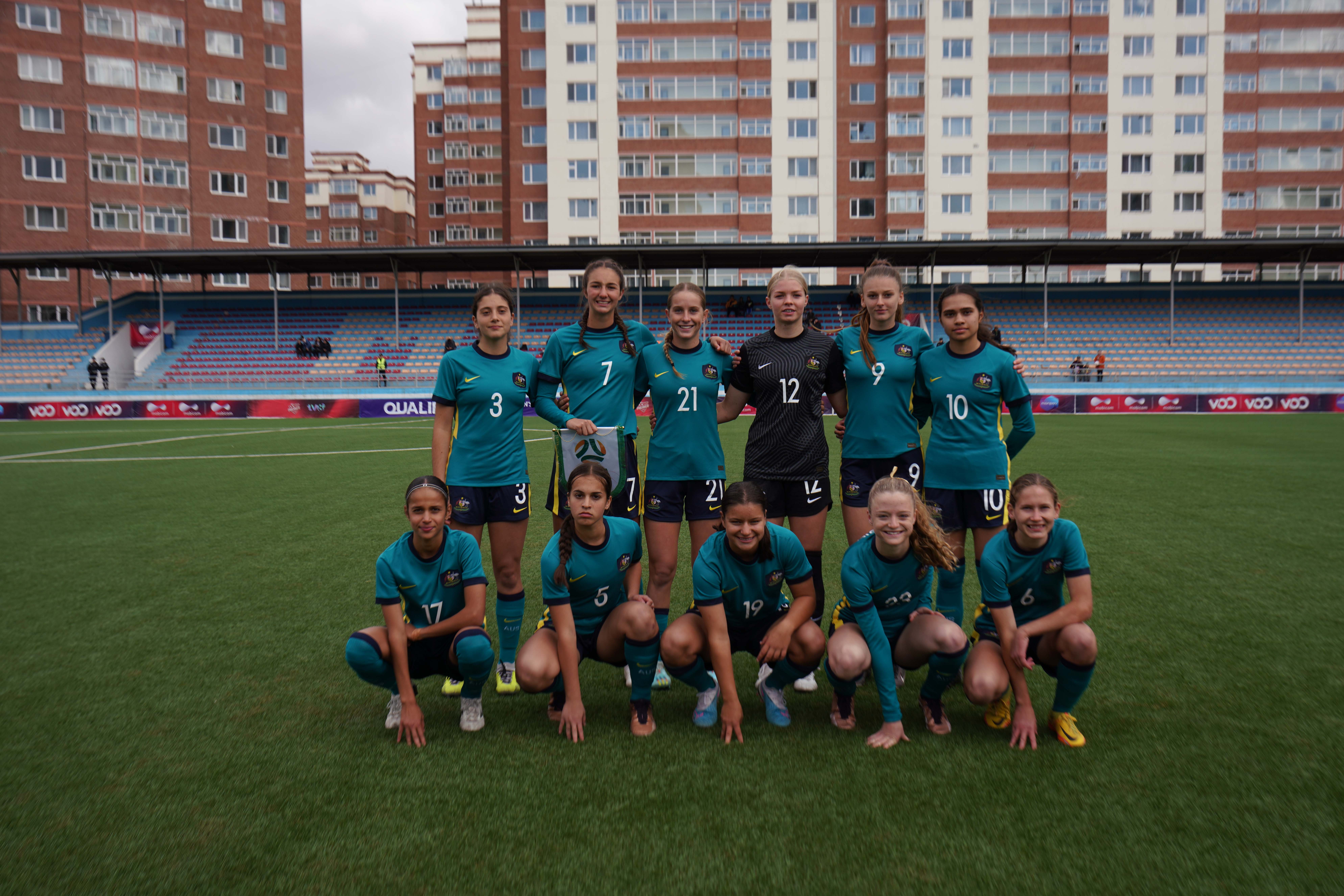 The CommBank Junior Matildas Starting XI against Mongolia. Back Row (L to R): Amelia Tartaglia, Ruby Cuthbert (c), Shelby McMahon, Jessica Skinner, Christina Kiceec and Grace Kuilamu. Front Row (L to R): Talia Younis, Georgia Groidis, Sienna Dale, Jade O'Brien and Kiera Meyers