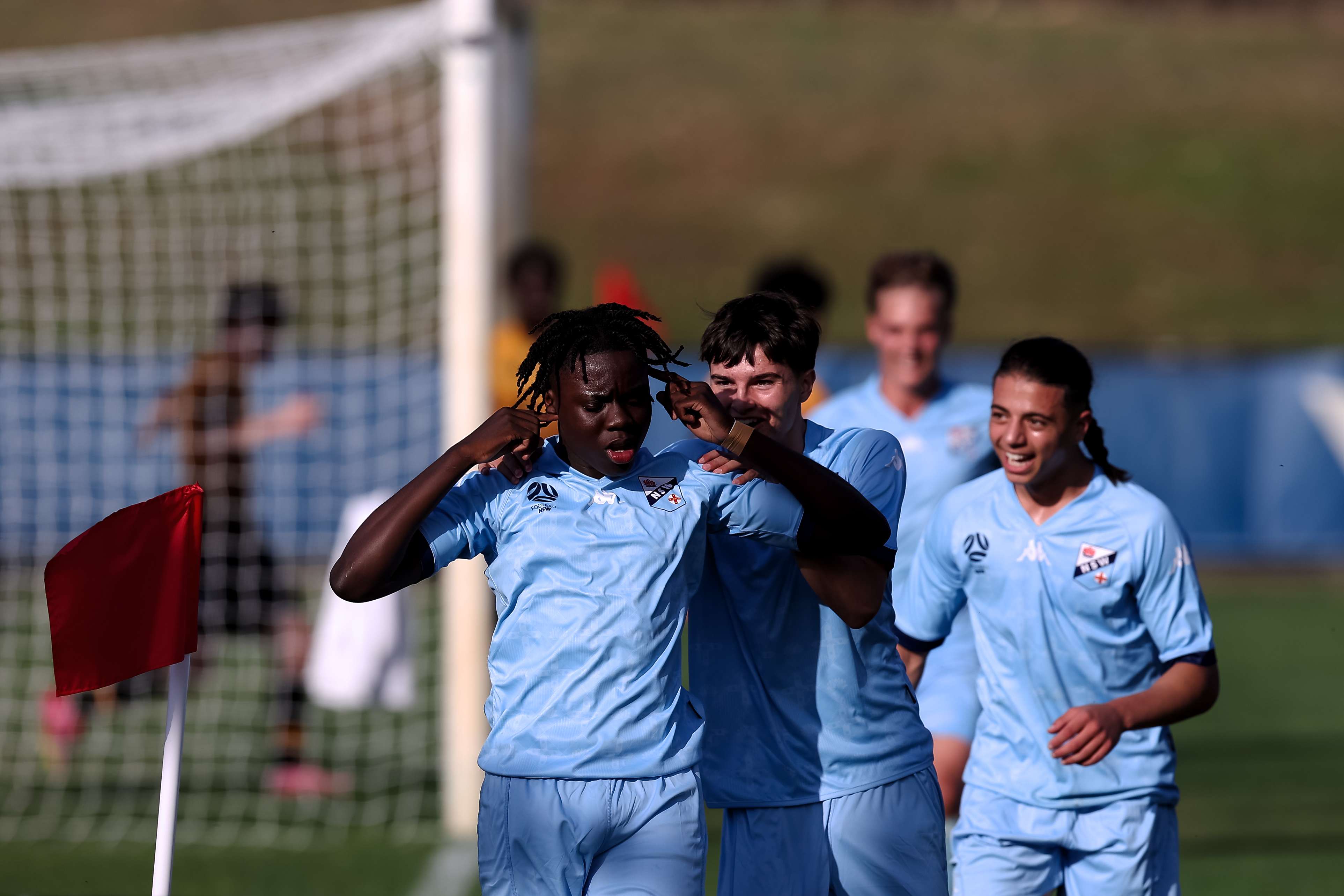 Meliwethu (Rich) Nkomo celebrating a goal for NSW Metro Blue against Western Australia during the National Youth Championships 2023 Boys' Tournament.