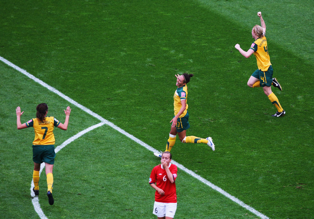 Kyah Simon (C) of Australia celebrates after scoring her team's second goal during the FIFA Women's World Cup Group D match between Australia and Norway at the FIFA World Cup stadium Leverkusen on July 6, 2011 in Leverkusen, Germany . (Photo by Sandra Montanez - FIFA/FIFA via Getty Images)