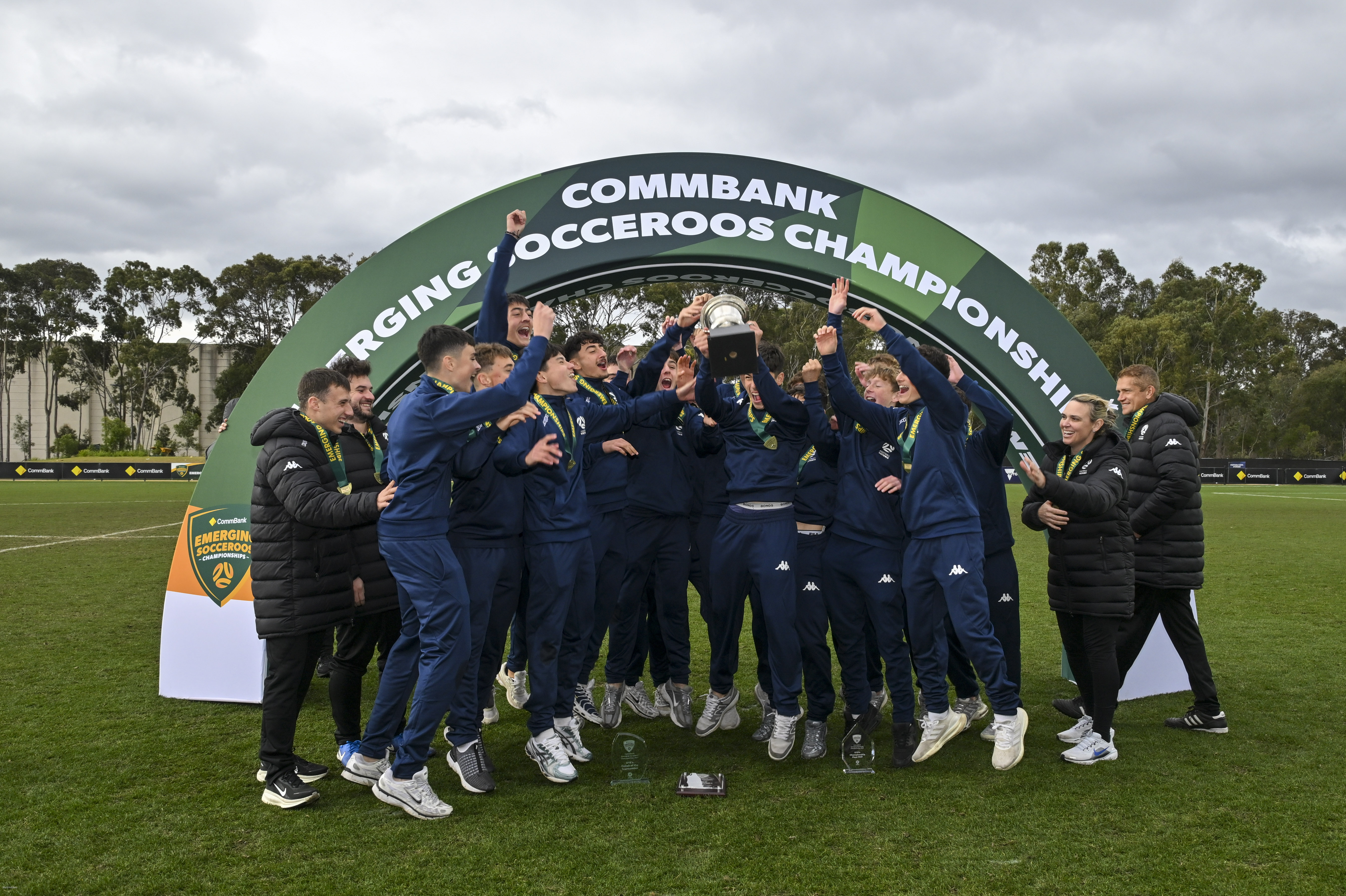 Victoria Blue celebrate a goal in the Championship Final.