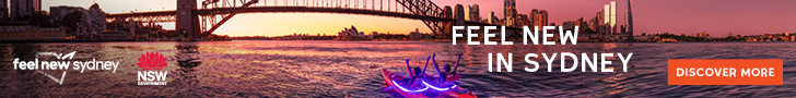 Feel New in Sydney banner with harbour bridge at sunset