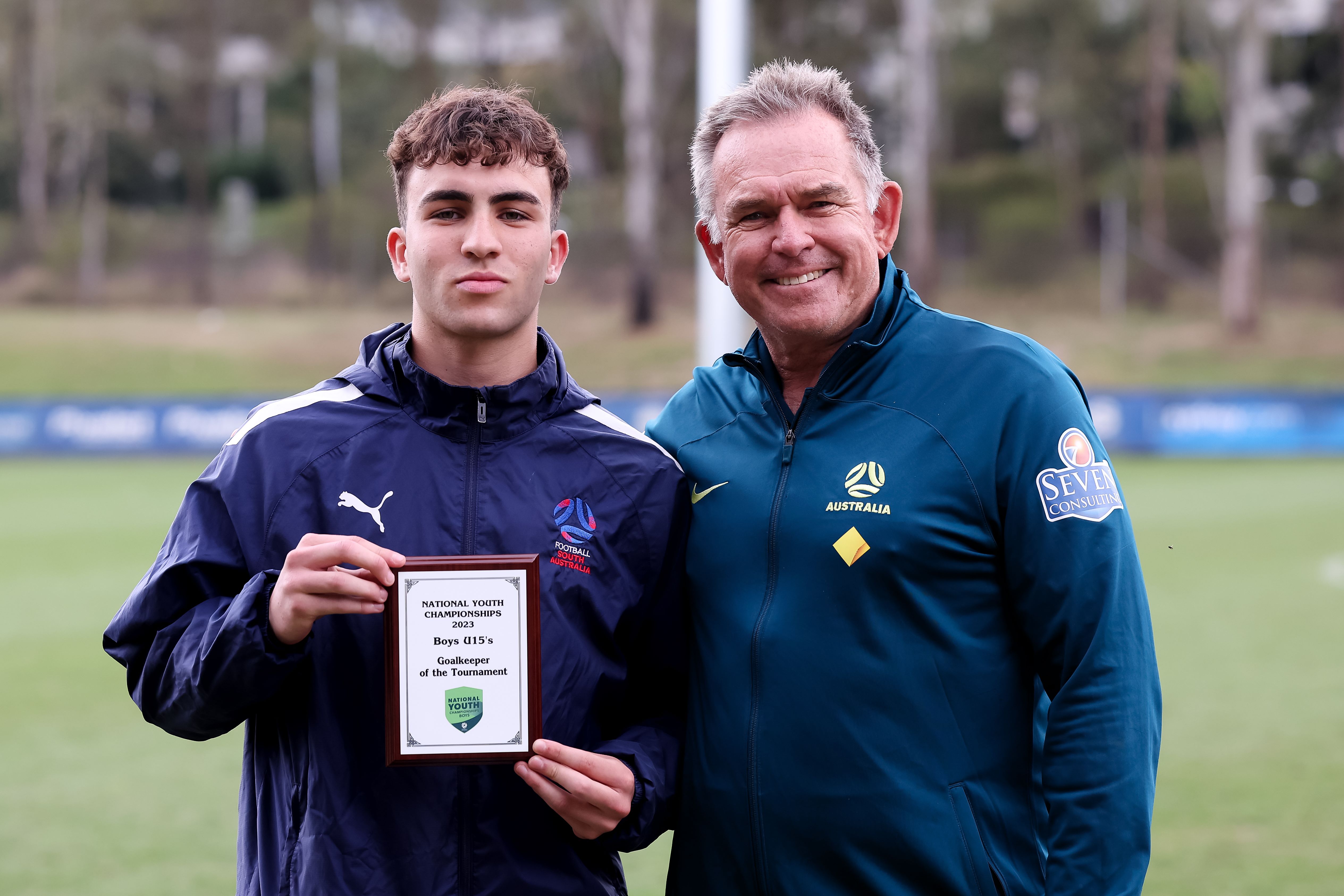Under 15 Goalkeeper of the Tournament Noah Ellul from Football South Australia with Tony Franken