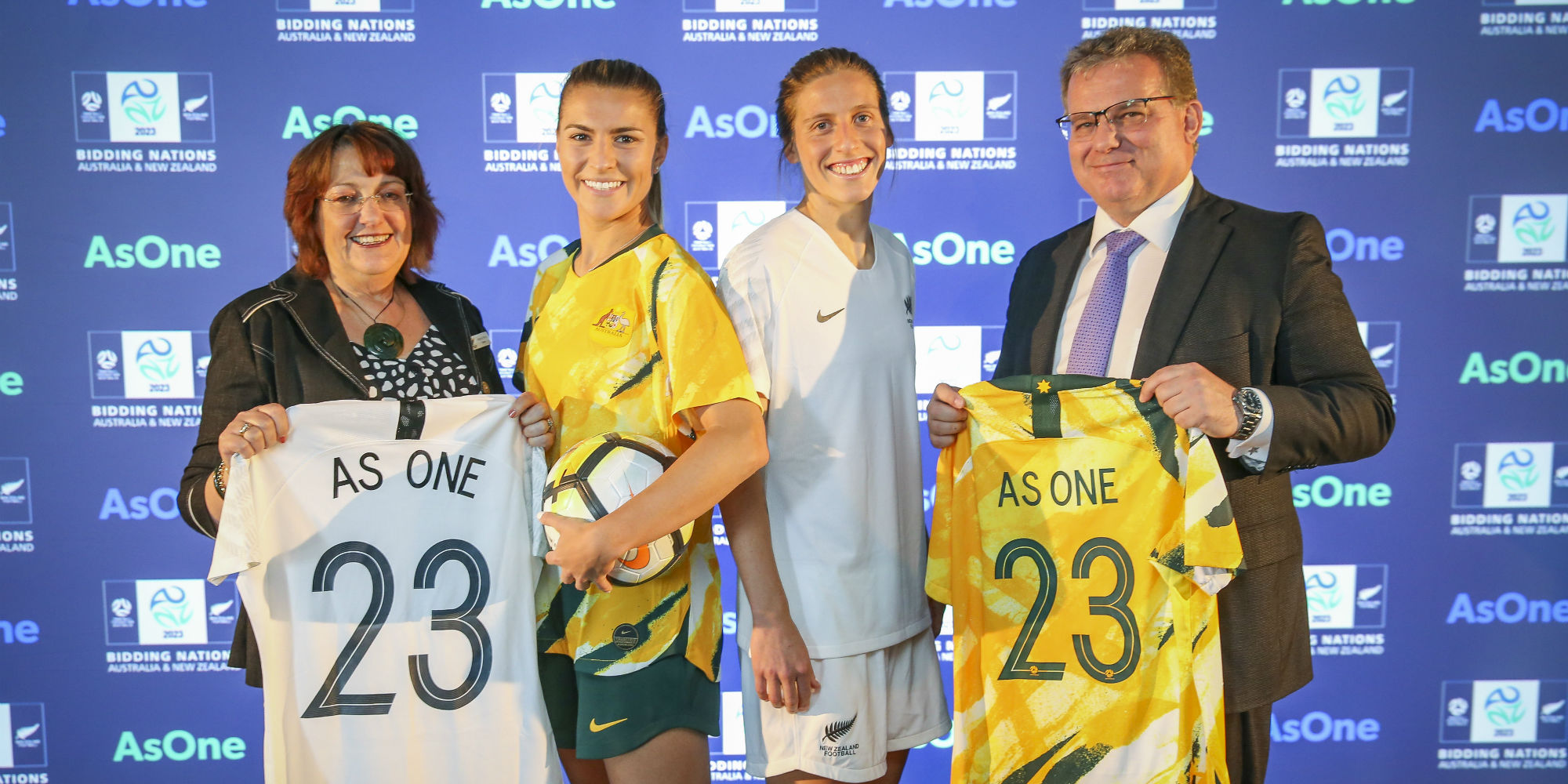 Johanna Wood, New Zealand Football President and Chris Nikou, FFA chairman with Australia and New Zealand players Stephanie Catley and Rebekah Stott during the announcement of Australia & New Zealand's Joint Bid to host the FIFA Women's 2023 World Cup