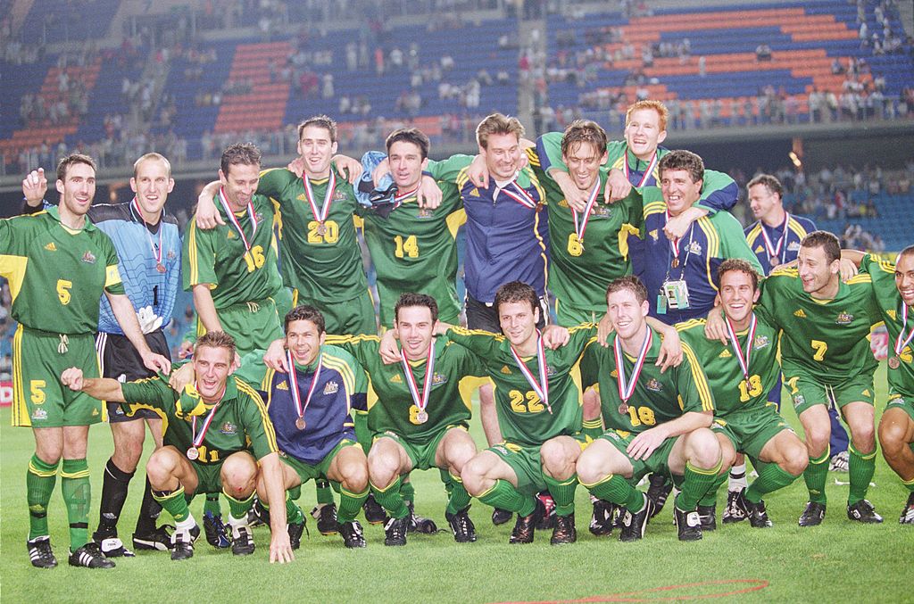 The Socceroos celebrate after defeating Brazil 1-0, securing third place at the 2001 Confederations Cup.
