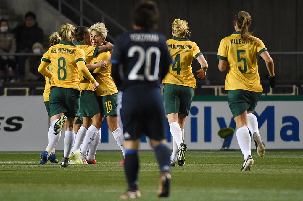 Celebrating a Michelle Heyman goal for Australia