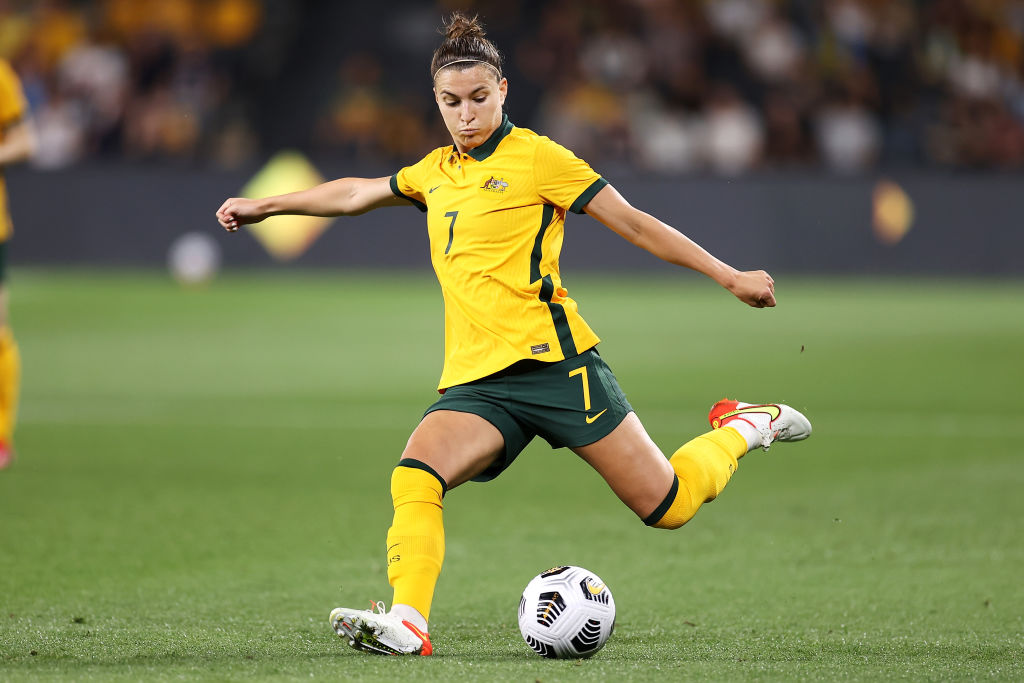 Steph Catley of the Matildas kicks during the Women's International Friendly match between the Australia Matildas and Brazil at CommBank Stadium on October 23, 2021 in Sydney, Australia. (Photo by Mark Kolbe/Getty Images)