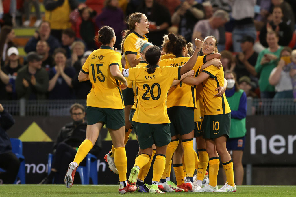 Kyah Simon of the Matildas celebrates her goal with team mates during game two of the International Friendly series between the Australia Matildas and the United States of America Women's National Team at McDonald Jones Stadium on November 30, 2021 in Newcastle, Australia. (Photo by Ashley Feder/Getty Images)