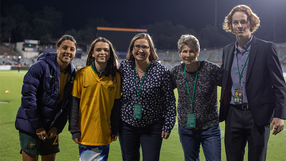 Sam Kerr OAM, Kate Jenkins and Julie Dolan AM after the Commonwealth Bank Matildas game against New Zealand in Canberra, April 2022.