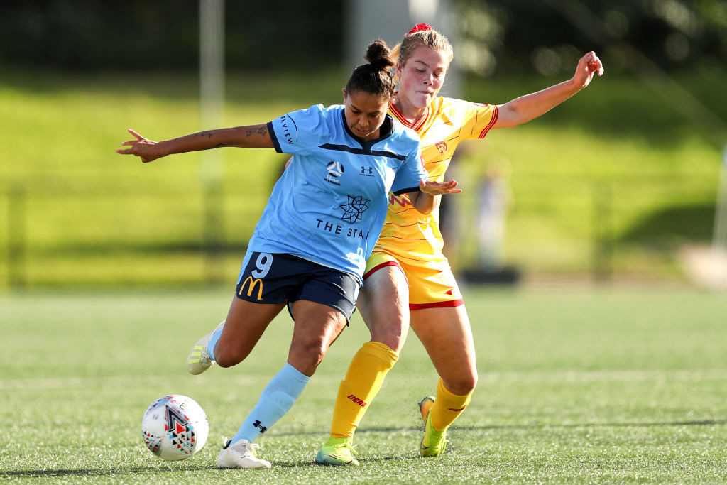 Allira Toby of Sydney FC competes with Lara Kirkby of Adelaide during the round nine W-League match between Sydney FC and Adelaide United at Cromer Park, on February 21, 2021, in Sydney, Australia. (Photo by Brendon Thorne/Getty Images)