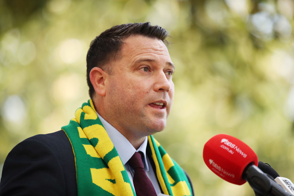 FFA CEO James Johnson speaks during a Matildas media opportunity at The Domain on October 20, 2021 in Sydney, Australia. (Photo by Matt King/Getty Images)