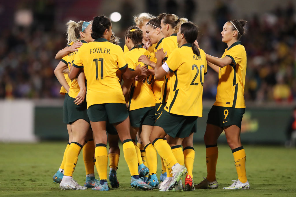 Hayley Raso of Australia celebrates with team mates after scoring a goal during the International womens friendly match between the Australia Matildas and the New Zealand at GIO Stadium on April 12, 2022 in Canberra, Australia. (Photo by Matt King/Getty Images)