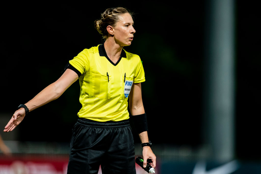 Referee Lara Christie Lee of Australia gestures during the Women's International friendly match between Hong Kong and the Philippines at Tseung Kwan O Sports Ground on September 15, 2019 in Hong Kong. (Photo by Yu Chun Christopher Wong/Eurasia Sport Images/Getty Images