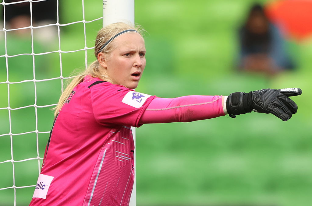 Melbourne City goalkeeper Sally James gestures during the A-League Womens Preliminary Final match between Melbourne City and Melbourne Victory at AAMI Park, on March 20, 2022, in Melbourne, Australia. (Photo by Robert Cianflone/Getty Images)