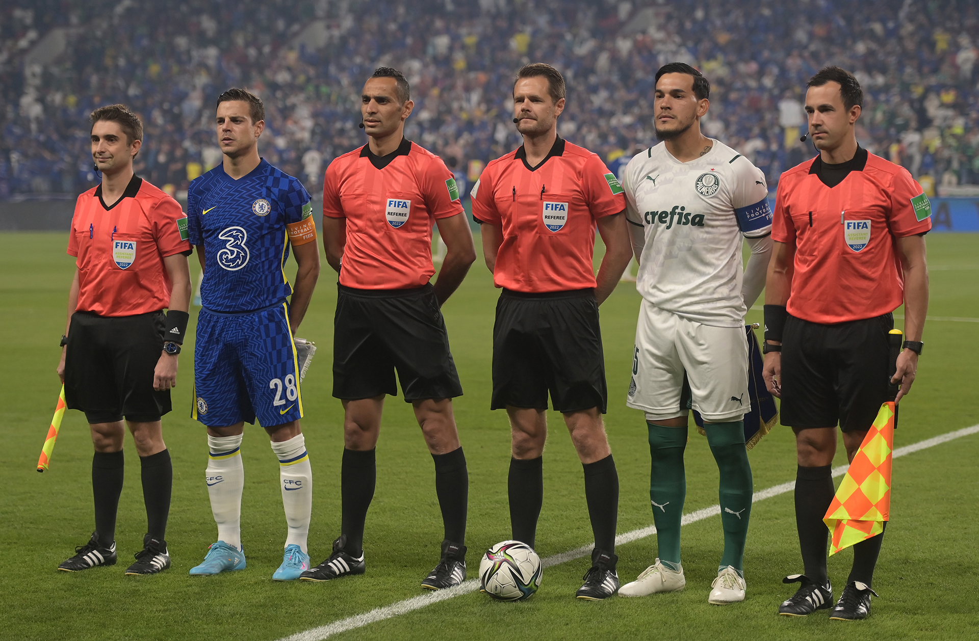 Chris Beath, Ashley Beecham, Anton Shchetinin, Mustapha Ghorbal and Cesar Azpilicueta of Chelsea and Gustavo Gomez of Palmeiras prior to the FIFA Club World Cup UAE 2021 Final match between Chelsea and Palmeiras