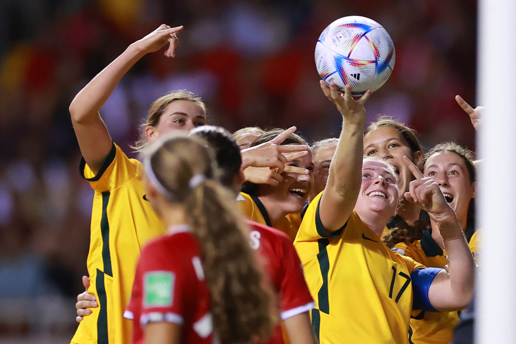 Players of Australia celebrate the third scored goal by Kirsty Fenton of Australia during the FIFA U-20 Women's World Cup Costa Rica 2022 group A match between Costa Rica and Australia at Estadio Nacional de Costa Rica on August 10, 2022 in San Jose, Costa Rica.