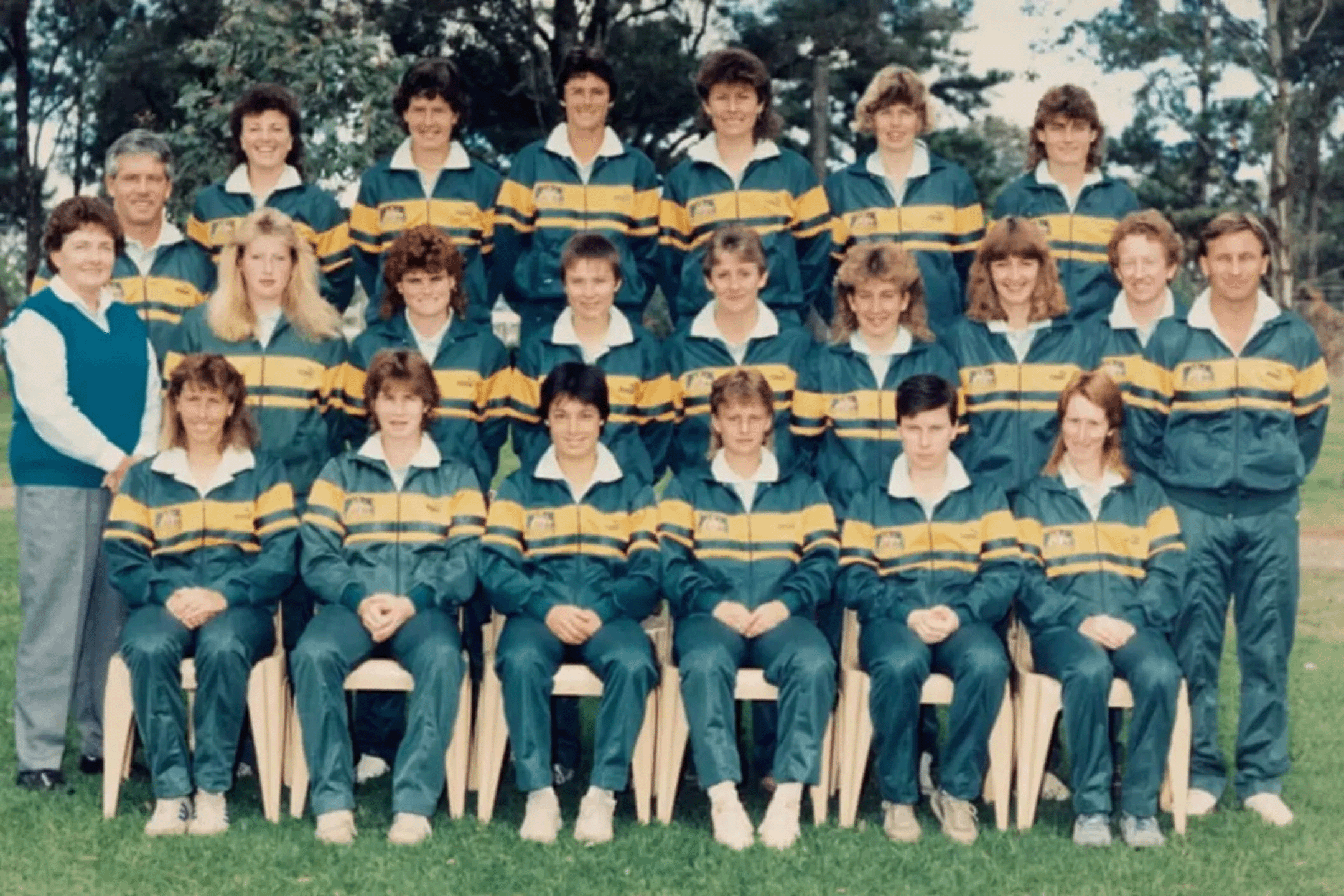 The Matildas squad of 1988, Moya Dodd is third from the left on the bottom row.