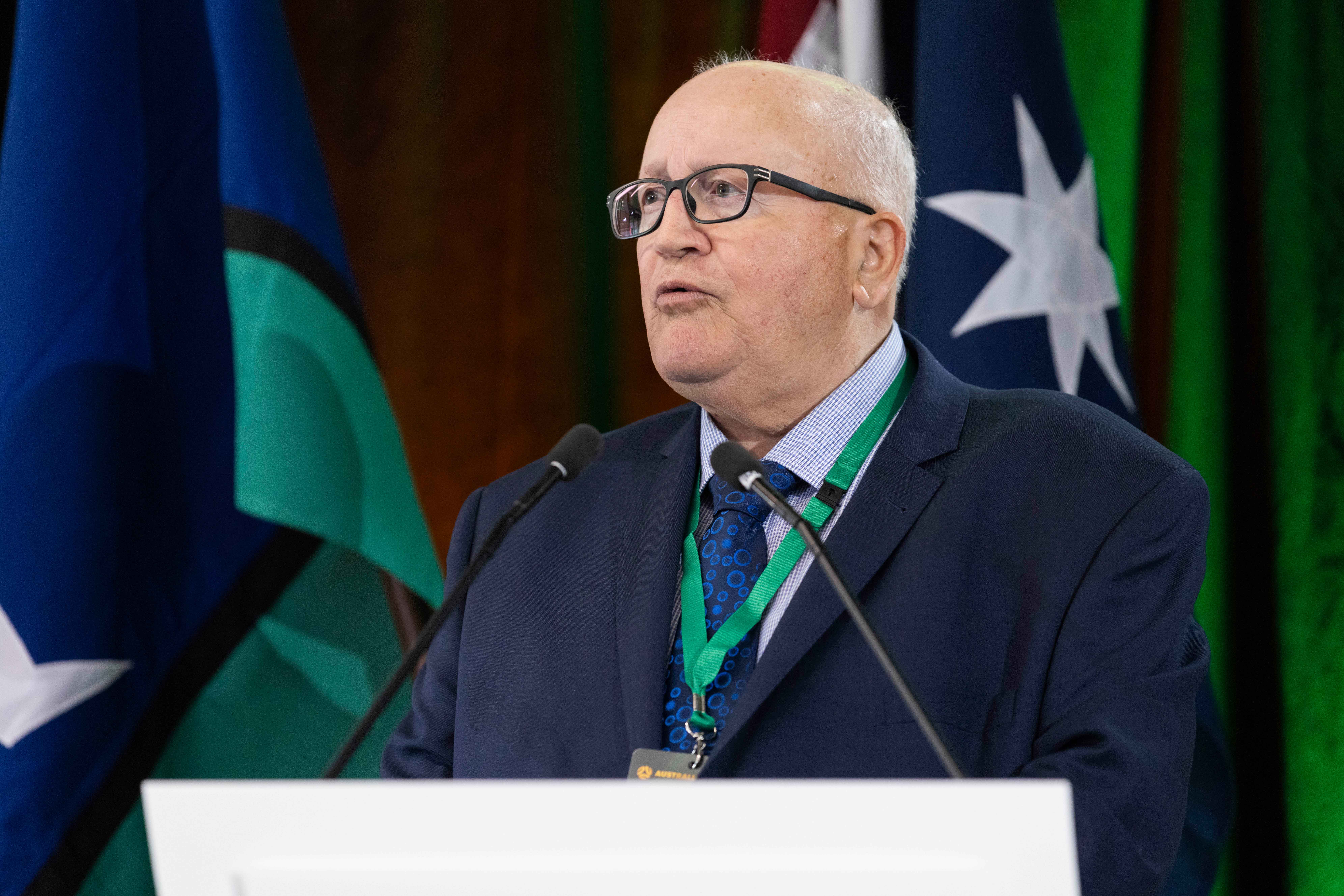 Walter Press making his acceptance speech after being inducted into the Football Australia Hall of Fame in 2022. (Photo: Tiffany Williams/Football Australia)