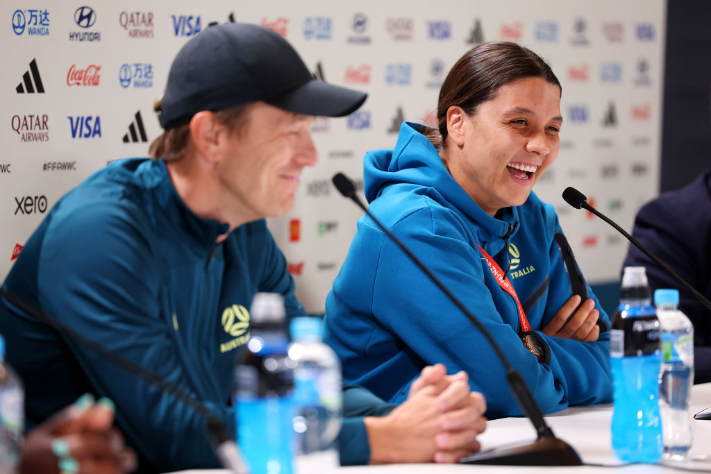 Sam Kerr of Australia speaks to the media during an Australia Press Conference at Stadium Australia on July 19, 2023 in Sydney, Australia. (Photo by Maddie Meyer - FIFA/FIFA via Getty Images