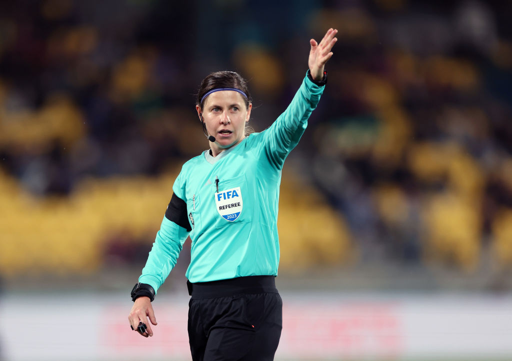 Referee Casey Reibelt during the FIFA Women's World Cup Australia & New Zealand 2023 Group C match between Spain and Costa Rica at Wellington Regional Stadium on July 21, 2023 in Wellington, New Zealand. (Photo by Catherine Ivill/Getty Images)