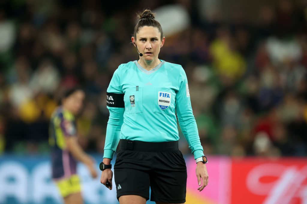 Referee Kate Jacewicz looks on during the FIFA Women's World Cup Australia & New Zealand 2023 Round of 16 match between Colombia and Jamaica at Melbourne Rectangular Stadium on August 08, 2023 in Melbourne / Naarm, Australia. (Photo by Alex Grimm - FIFA/FIFA via Getty Images)