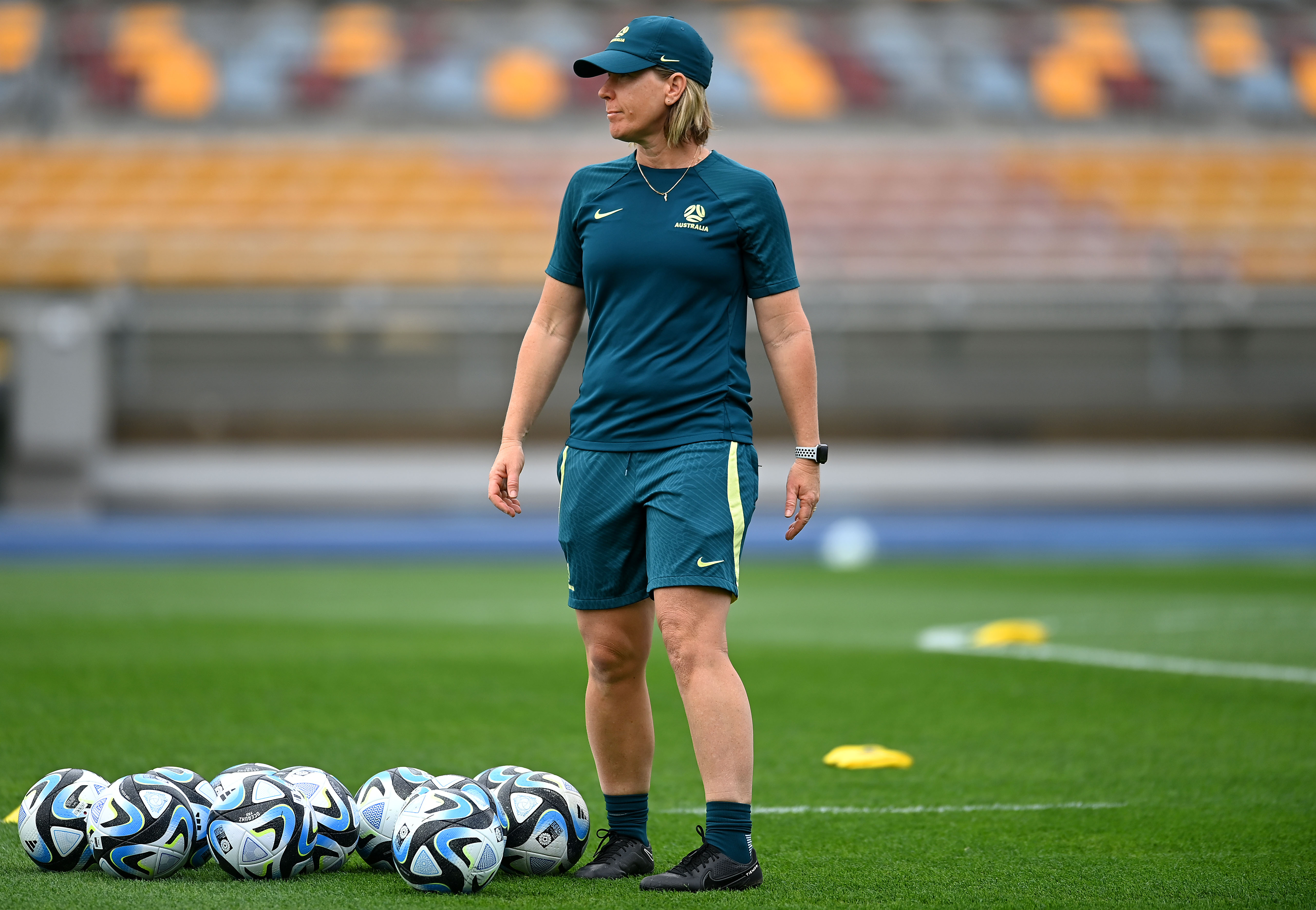Assistant coach Mel Andreatta is seen during a Matildas training session ahead of the FIFA Women's World Cup Australia & New Zealand 2023 Group B match between Australia and Ireland at Queensland Sport and Athletics Centre on July 18, 2023 in Brisbane, Australia. (Photo by Albert Perez/Getty Images)