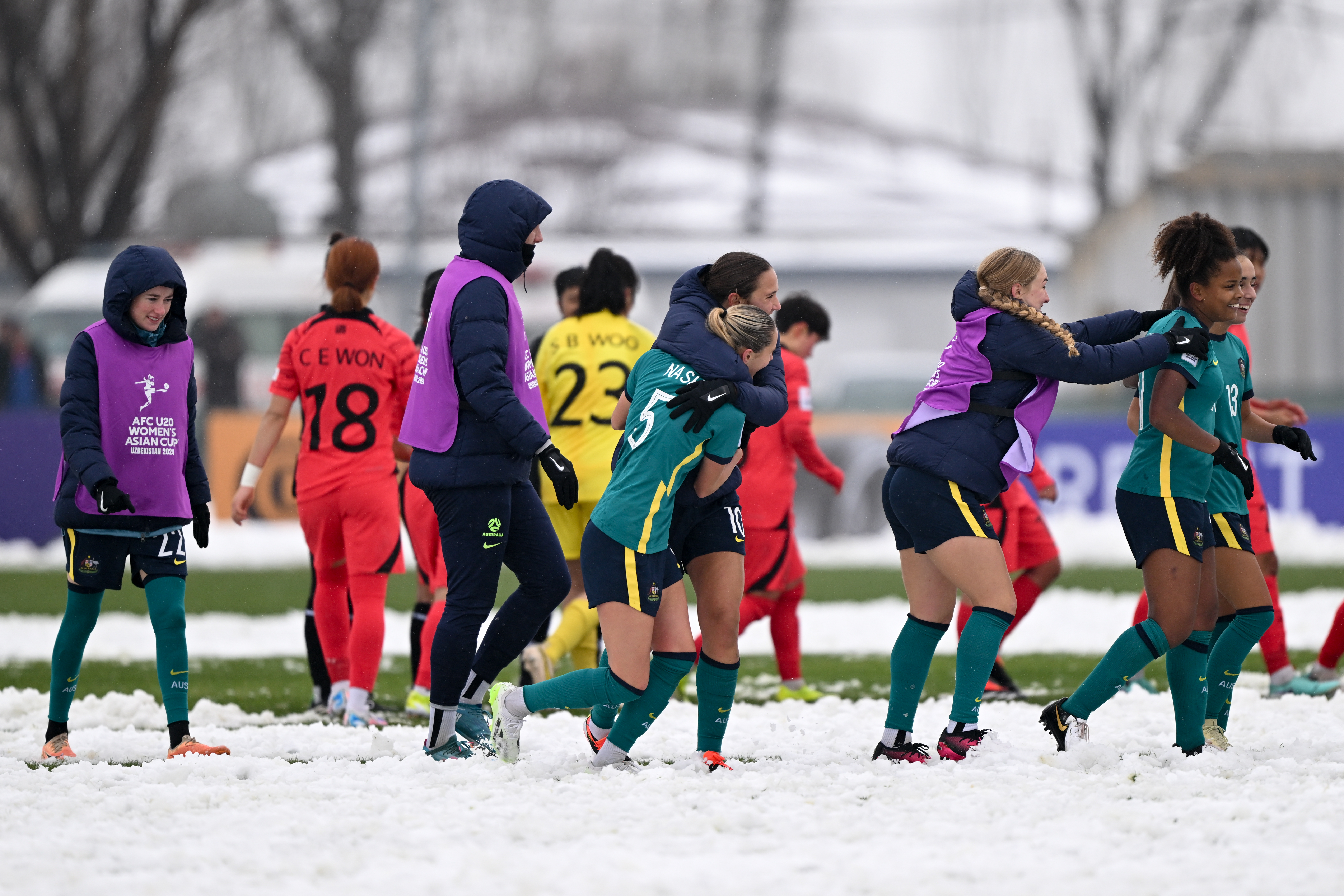 CommBank Young Matildas celebrate after Game One of AFC U20 Women's Asian Cup, including Daniela Galic (centre) embracing Jessika Nash