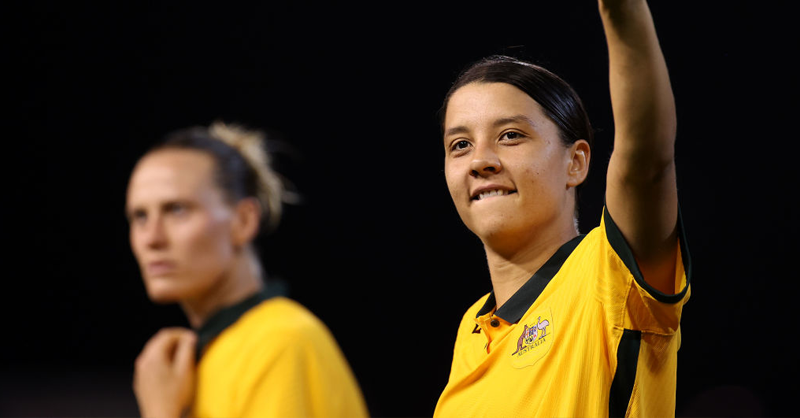 Sam Kerr of the Matildas waves to fans during game two of the International Friendly series between the Australia Matildas and the United States of America Women's National Team at McDonald Jones Stadium on November 30, 2021 in Newcastle, Australia. (Photo by Mark Kolbe/Getty Images)