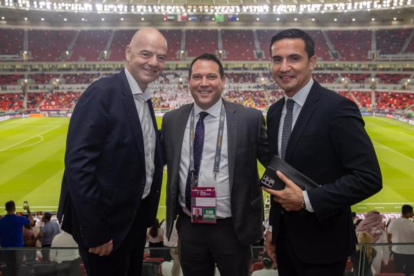 FIFA President Gianni Infantino, Football Australia CEO James Johnson, and Socceroos legend Tim Cahill