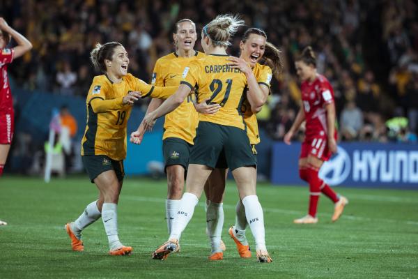 Matildas celebrating their goal versus Denmark - Tiffany Williams