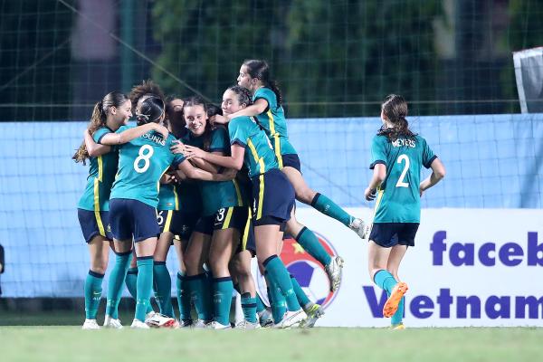 The Junior Matildas celebrate after scoring against Vietnam at the AFC U-17 Women's Asian Cup 2024 Round 2 Qualifying