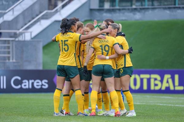 CommBank Young Matildas celebrate after scoring against Uzbekistan in the AFC U20 Women's Asian Cup 2024. Photo: AFC