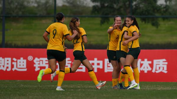 Ella O'Grady and Leah Blayney react to the CommBank Young Matildas 3-1 victory over China